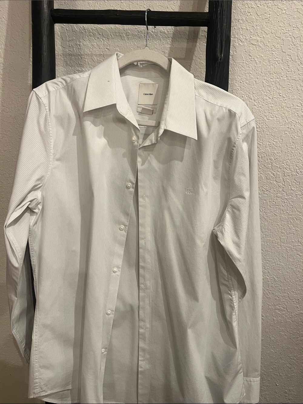 Calvin Klein Men's White Dress Shirt with Fine Pinstripes
